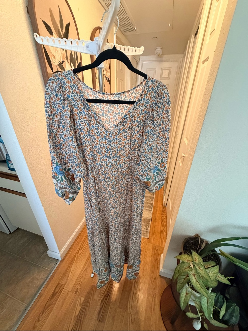 Floral V-Neck Puff Sleeve Midi Dress - Blue/Brown